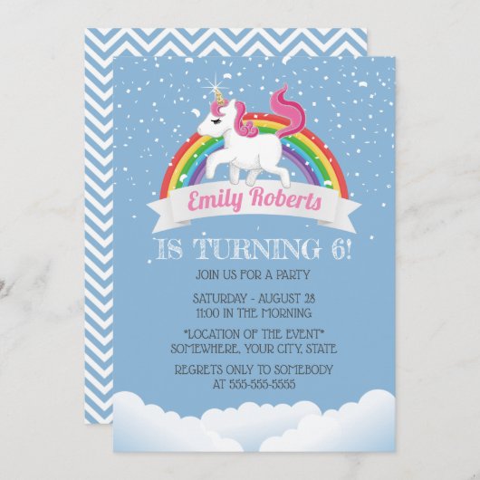 Cute Unicorn & Rainbow Birthday Party Kaart (Voorkant / Achterkant)