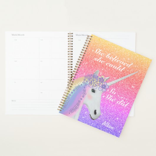 Cute Unicorn Rainbow Glitter Girls, gepersonalisee Planner (Display)