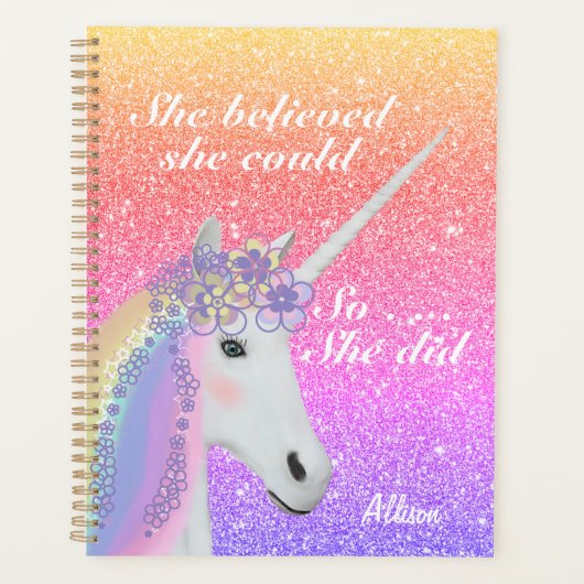 Cute Unicorn Rainbow Glitter Girls, gepersonalisee Planner (Voorkant)