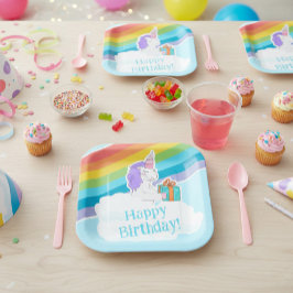 Cute Unicorn Rainbow Happy Birthday Paper Plate Papieren Bordje