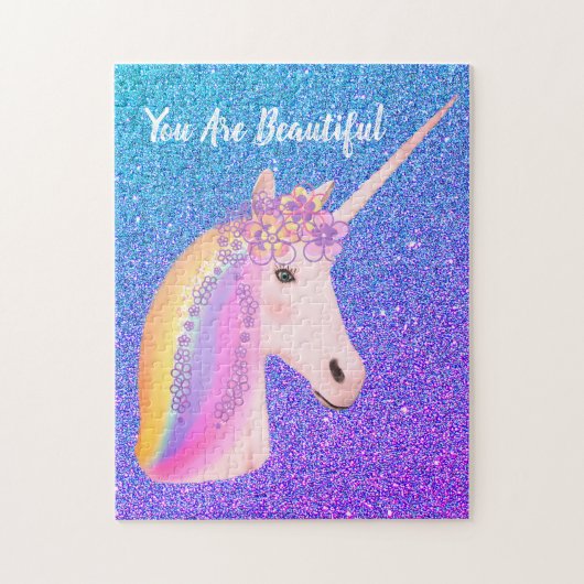 Cute Unicorn Rainbow Paars Blue Ombre Glitter Legpuzzel (Verticaal)
