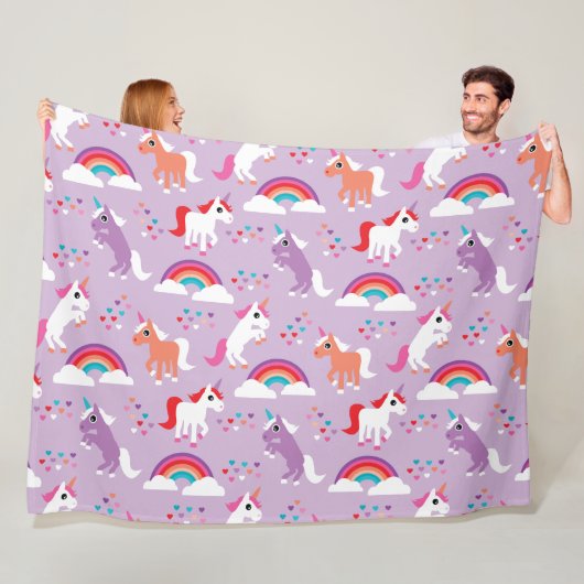 Cute Unicorn Rainbow Paars Fleece Deken (In situ)