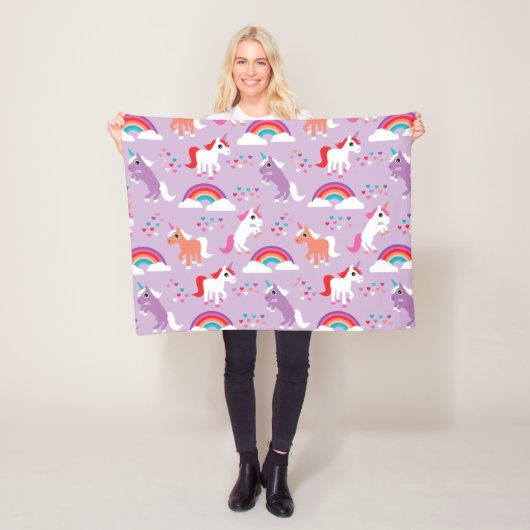 Cute Unicorn Rainbow Paars Fleece Deken (In situ)
