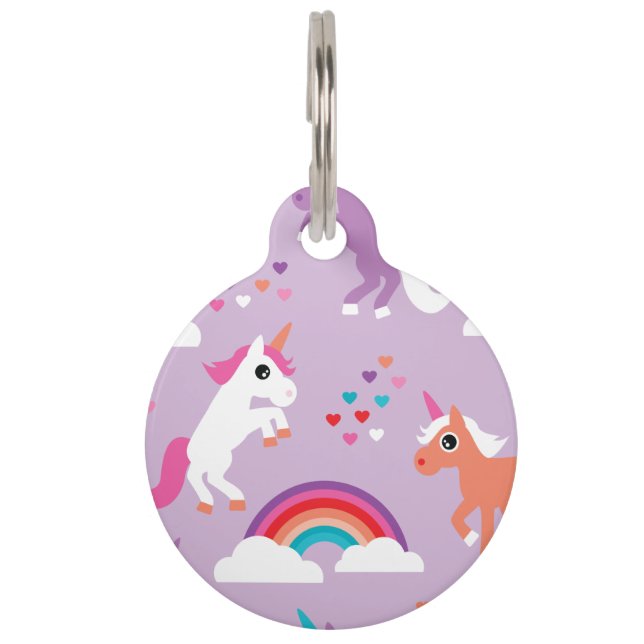 Cute Unicorn Rainbow Paars Huisdierpenning (Voorkant)