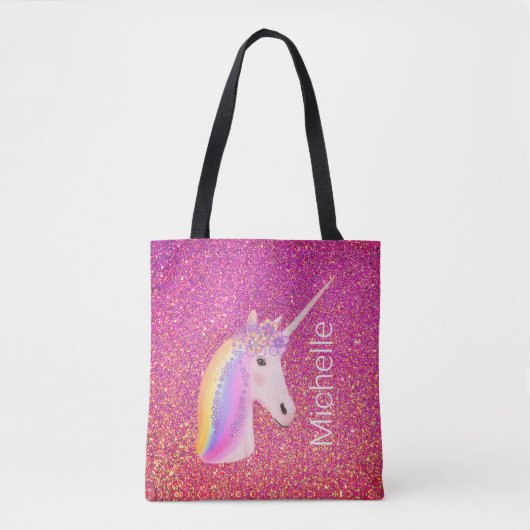 Cute Unicorn Rainbow Pink Glitter Girls Fantasy Tote Bag (Voorkant)