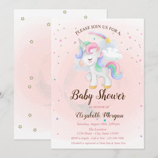 Cute Unicorn, Rainbow, Stars Baby shower Invitatio Kaart (Voorkant / Achterkant)