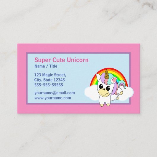 Cute Unicorn. Regenboog en roze achtergrond Visitekaartje (Voorkant)