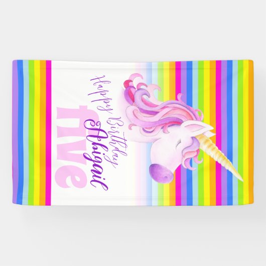 Cute unicorn regenboog vijfde verjaardagsbanner spandoek (Horizontaal)