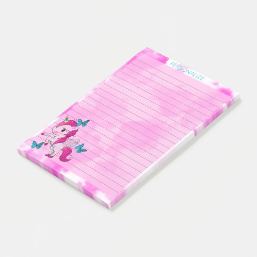 Cute Unicorn Roze Clouds Lined Pink Post it Notes (Schuin)