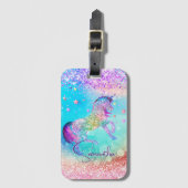Cute unicorn roze Glitter rainbow aqua monogram Bagagelabel (Voorkant (verticaal))