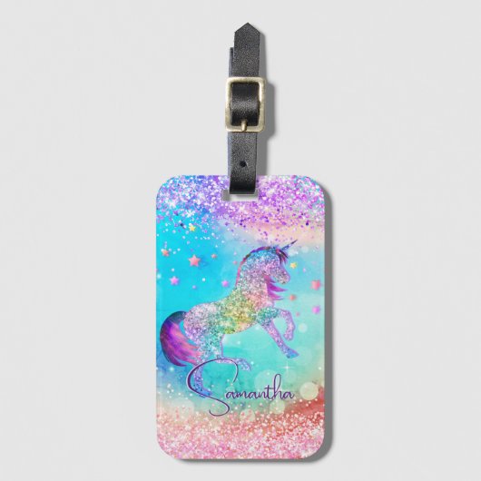 Cute unicorn roze Glitter rainbow aqua monogram Bagagelabel (Voorkant (verticaal))