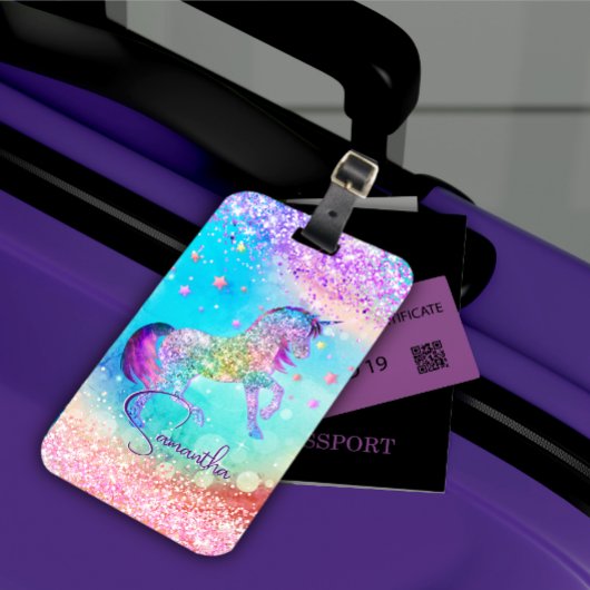 Cute unicorn roze Glitter rainbow aqua monogram Bagagelabel