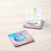 Cute unicorn roze Glitter rainbow aqua monogram Bier Onderzetter (Rechterzijde)