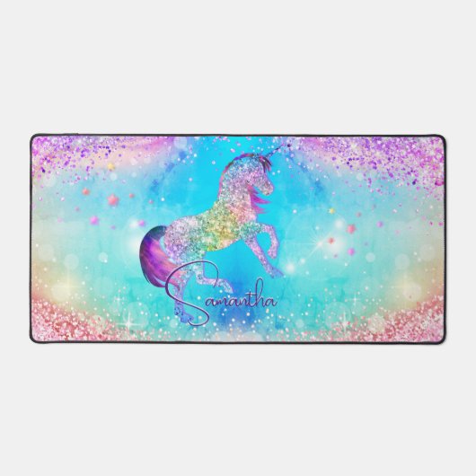 Cute unicorn roze Glitter rainbow aqua monogram Bureaumat (Voorkant)