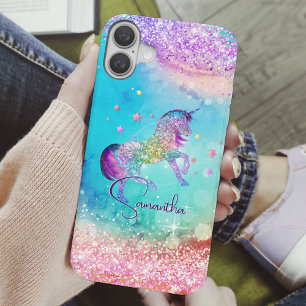 Cute unicorn roze Glitter rainbow aqua monogram iPhone 16 Hoesje