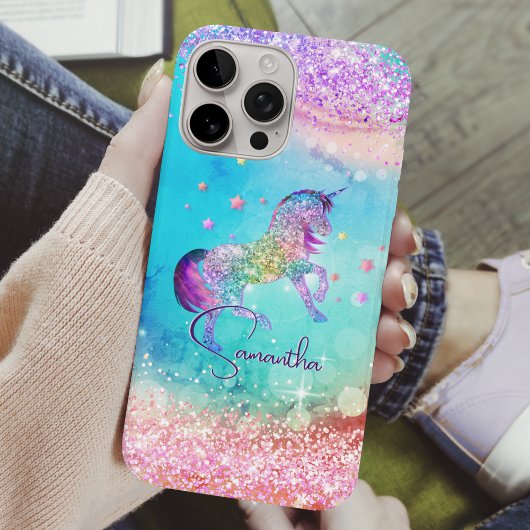 Cute unicorn roze Glitter rainbow aqua monogram Case-Mate iPhone Case