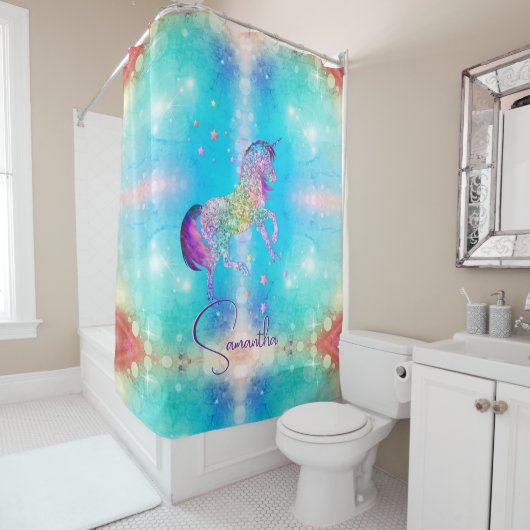 Cute unicorn roze Glitter rainbow aqua monogram Douchegordijn (In situ)