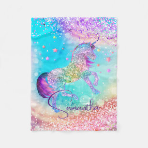 Cute unicorn roze Glitter rainbow aqua monogram Fleece Deken