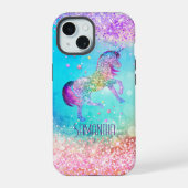 Cute unicorn roze Glitter rainbow aqua monogram iPhone 15 Case (Achterkant)