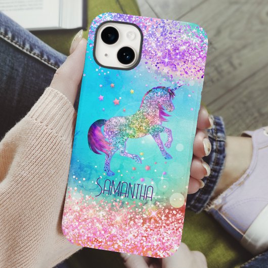 Cute unicorn roze Glitter rainbow aqua monogram iPhone 15 Case