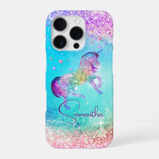 Cute unicorn roze Glitter rainbow aqua monogram iPhone Hoesje (Achterkant)