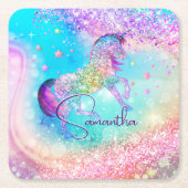Cute unicorn roze Glitter rainbow aqua monogram Kartonnen Onderzetters (Voorkant)