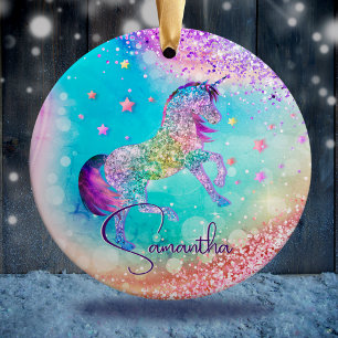Cute unicorn roze Glitter rainbow aqua monogram Keramisch Ornament