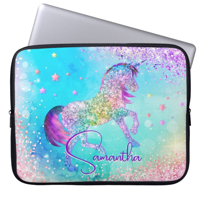 Cute unicorn roze Glitter rainbow aqua monogram Laptop Sleeve (Voorkant)
