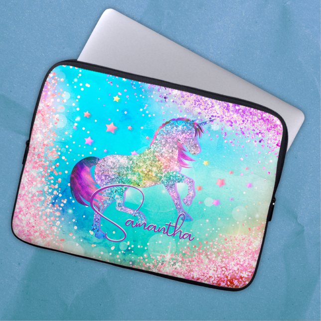 Cute unicorn roze Glitter rainbow aqua monogram Laptop Sleeve (Creator heeft geüpload)