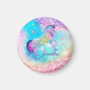 Cute unicorn roze Glitter rainbow aqua monogram Magneet