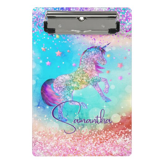 Cute unicorn roze Glitter rainbow aqua monogram Mini Klembord (Voorkant)