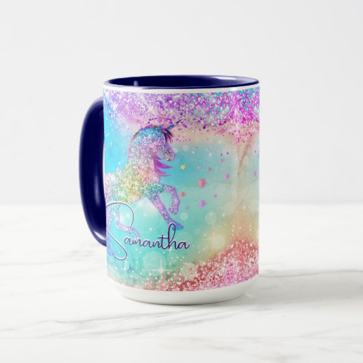 Cute unicorn roze Glitter rainbow aqua monogram Mok (Voorkant links)