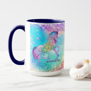 Cute unicorn roze Glitter rainbow aqua monogram Mok
