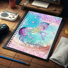 Cute unicorn roze Glitter rainbow aqua monogram Notitieboek