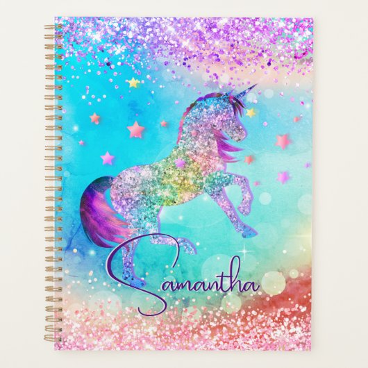 Cute unicorn roze Glitter rainbow aqua monogram Planner (Voorkant)