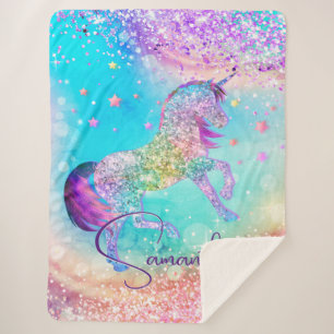 Cute unicorn roze Glitter rainbow aqua monogram Sherpa Deken