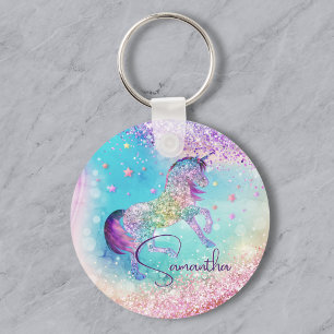 Cute unicorn roze Glitter rainbow aqua monogram Sleutelhanger