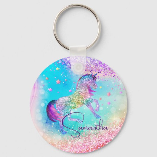 Cute unicorn roze Glitter rainbow aqua monogram Sleutelhanger (Voorkant)