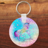 Cute unicorn roze Glitter rainbow aqua monogram Sleutelhanger (Achterkant)