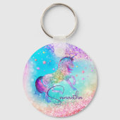 Cute unicorn roze Glitter rainbow aqua monogram Sleutelhanger (Achterkant)