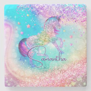 Cute unicorn roze Glitter rainbow aqua monogram Stenen Onderzetter