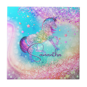 Cute unicorn roze Glitter rainbow aqua monogram Tegeltje