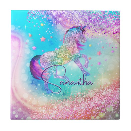 Cute unicorn roze Glitter rainbow aqua monogram Tegeltje (Voorkant)