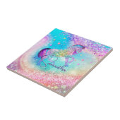Cute unicorn roze Glitter rainbow aqua monogram Tegeltje (Zijkant)