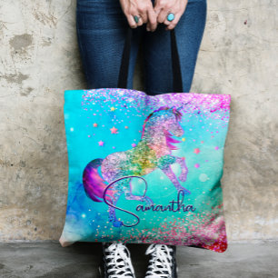 Cute unicorn roze Glitter rainbow aqua monogram Tote Bag