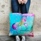 Cute unicorn roze Glitter rainbow aqua monogram Tote Bag