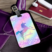 Cute unicorn roze Glitter rainbow monogram Bagagelabel