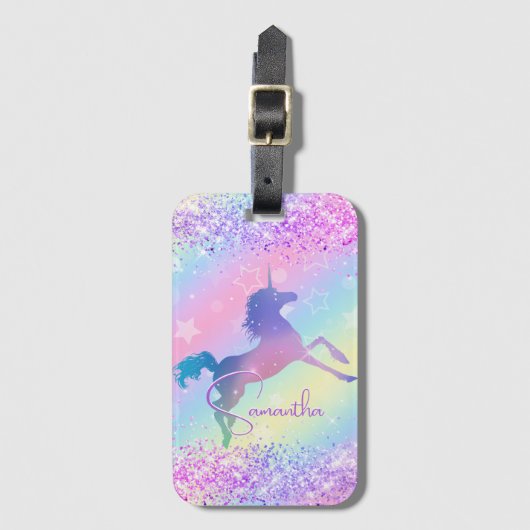 Cute unicorn roze Glitter rainbow monogram Bagagelabel (Voorkant (verticaal))