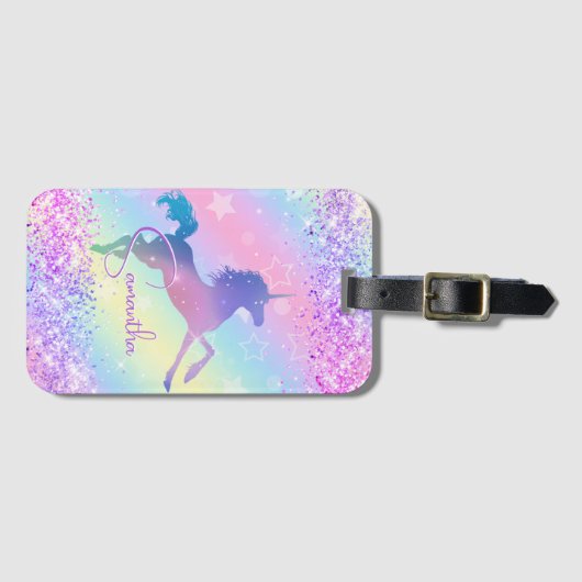 Cute unicorn roze Glitter rainbow monogram Bagagelabel (Voorkant (horizontaal))