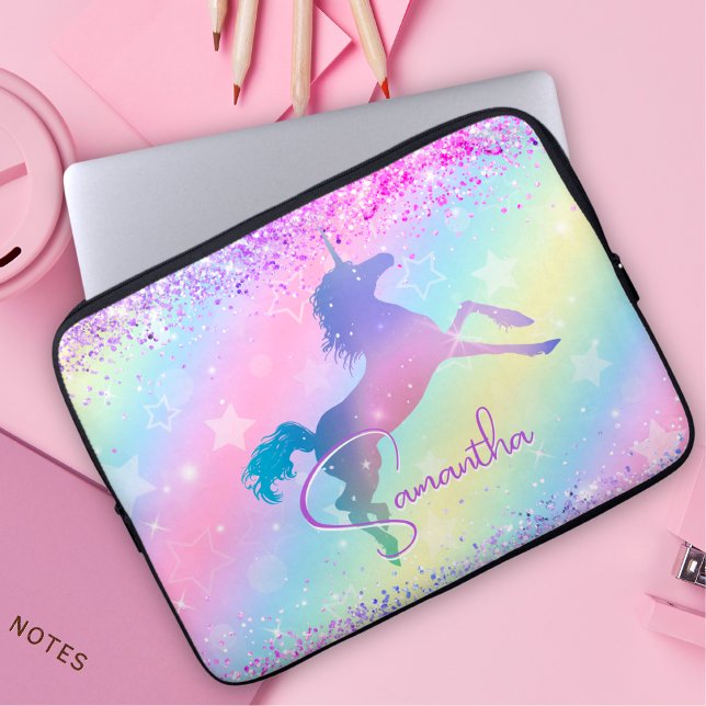 Cute unicorn roze Glitter rainbow monogram Niet va Laptop Sleeve (Creator heeft geüpload)